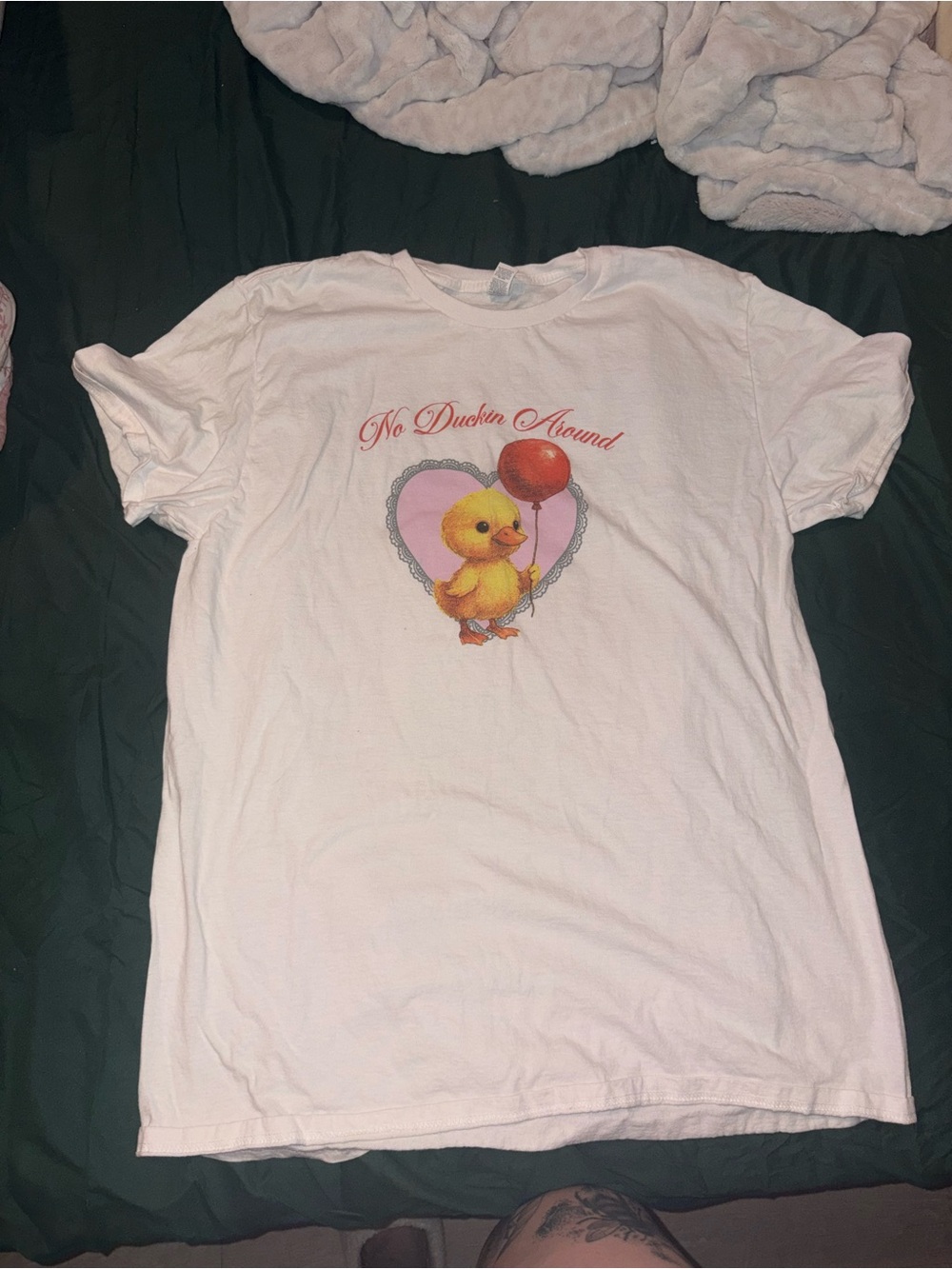 Fruit of the Loom Pink Duck Graphic Tee with Red Balloon
